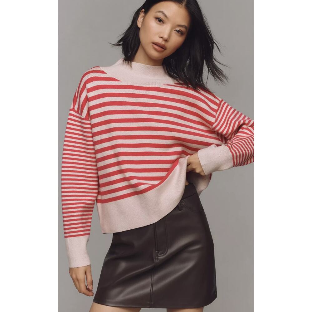 ANTHROPOLOGIE MAEVE CARYS MOCK NECK SWEATER Pink Stripe Size XL NWT